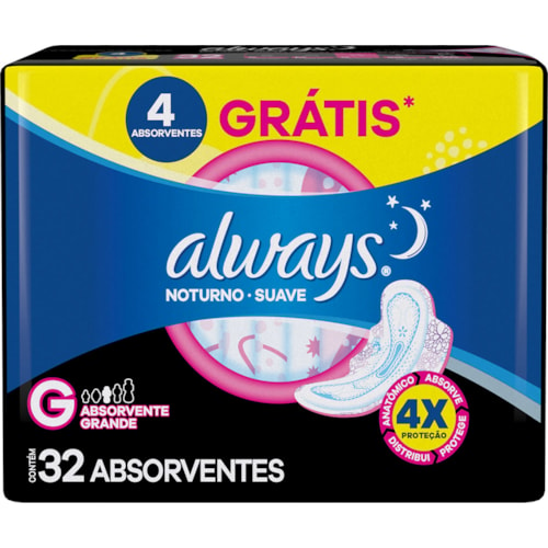 Absorvente Noturno Always Noite Suave Com Abas Leve 32Un Pague 28Un