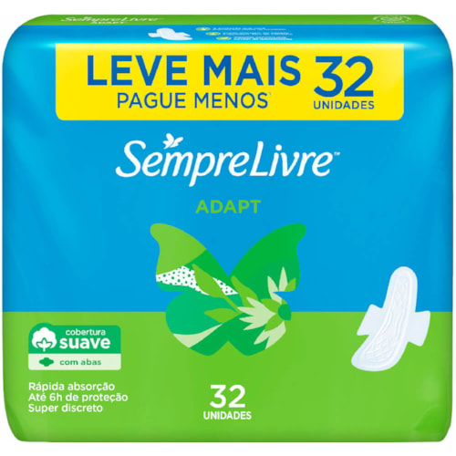 Absorvente Sempre Livre Adapt Com Abas 32 Unidades Leve + Pague -