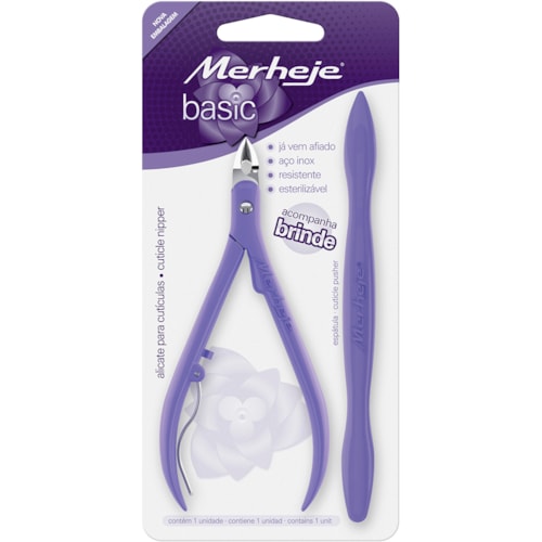 Alicate de Cutícula Merheje Basic + Espátula Basic Lilás KIT