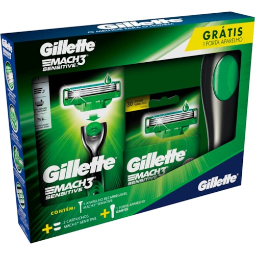 Aparelho de Barbear Mach3 Sensitive+2 Cargas Grátis e Porta Aparelho