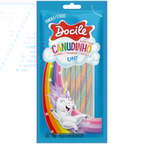 Bala Docile Canudinho Unicórnio Sabor Morango Ácido 70g Promo