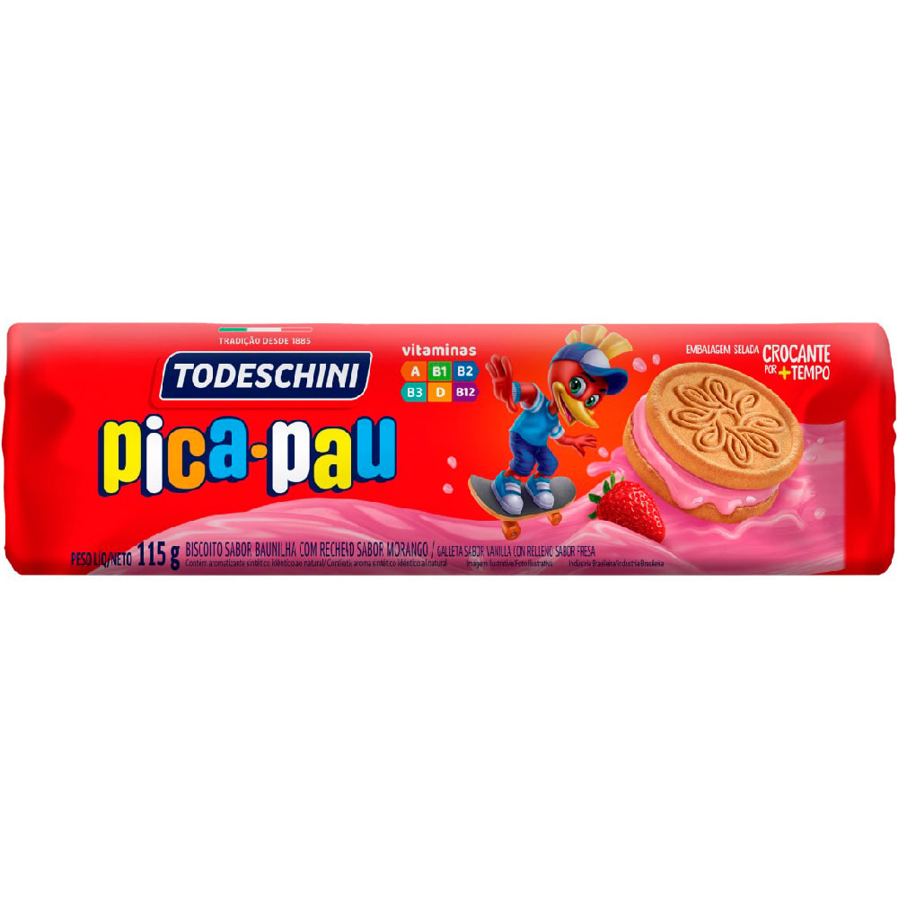 Biscoito Recheado Todeschini Pica Pau Morango 115g - Destro