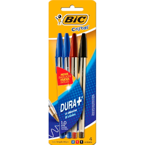 Caneta Bic Esferográfica Cristal Azul, Preta e Vermelha