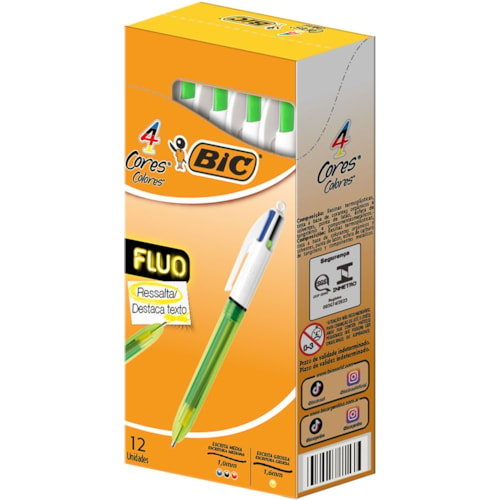 Caneta Esferográfica Bic 4 Cores Fluo 12Un