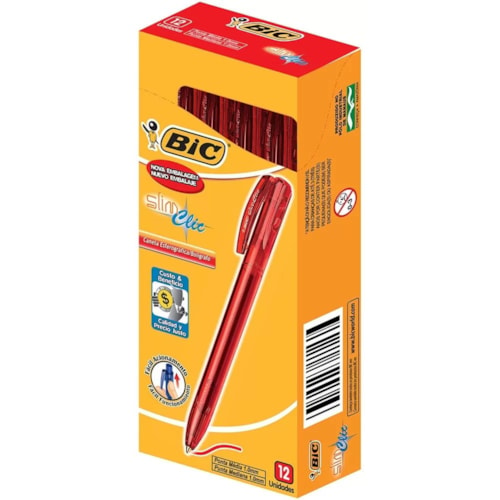 Caneta Esferográfica Bic Slim Clic Ponta Média Cor Vermelha 12Un