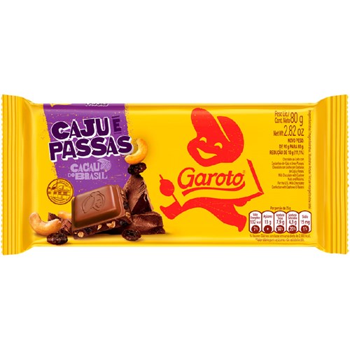 Chocolate ao Leite Garoto Caju e Passas Barra 80g