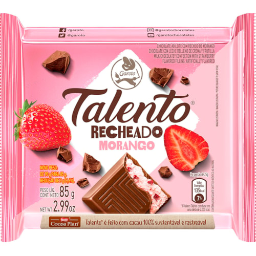 Chocolate ao Leite Talento Recheado de Morango 90g