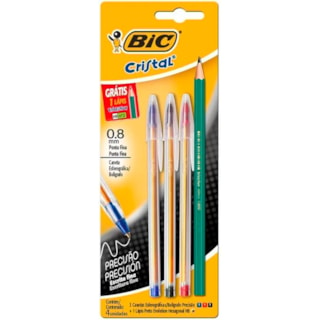 Kit de Escrita BIC Cristal 3 Canetas Azul/Preta/Vermelha 0.8 e Lápis