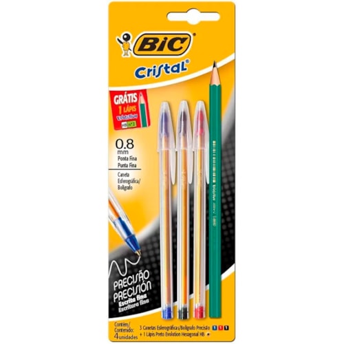 Kit de Escrita BIC Cristal 3 Canetas Azul/Preta/Vermelha 0.8 e Lápis