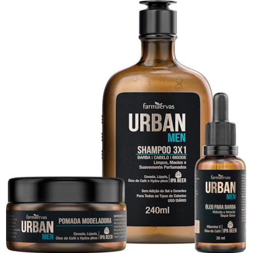 Kit Farmaervas Urban Shampoo, Pomada Modeladora e Óleo para Barba com