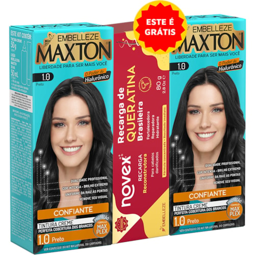 Kit Tintura Maxton Preto 1.0 2Un + Recarga Queratina Novex 80g