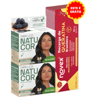 Kit Tintura Natucor Preto Suave 2.0 2Un + Recarga Queratina Novex 80g