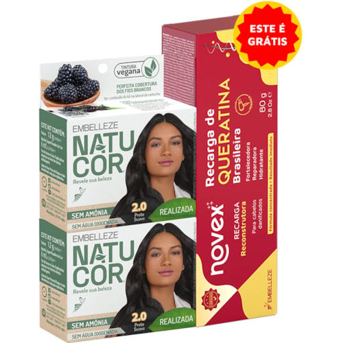 Kit Tintura Natucor Preto Suave 2.0 2Un + Recarga Queratina Novex 80g