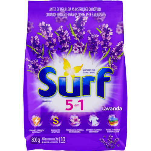 Lava Roupas Sanitizante em Pó Surf 5 em 1 Lavanda Sachet 800g