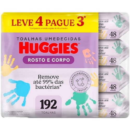 Lenço Umedecido Huggies Rosto e Corpo Leve 4Un Pague 3Un 192 Lenços