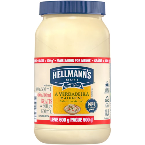 Maionese Hellmann's Tradicional Leve 600g Pague 500g - Destro