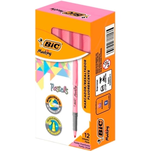 Marca Texto Bic Marking Rosa Pastel 12 Unidades