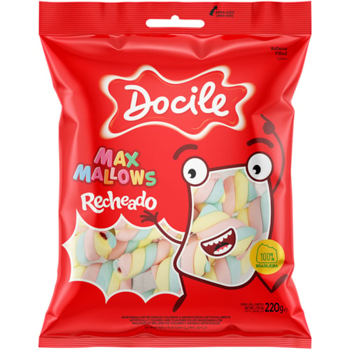 Marshmallows Docile MaxMallows Recheio de Morango 220g Promo