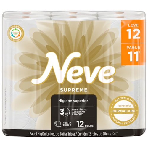 Papel Higiênico Neve Supreme Folha Tripla Leve 12 Pague 11 20m