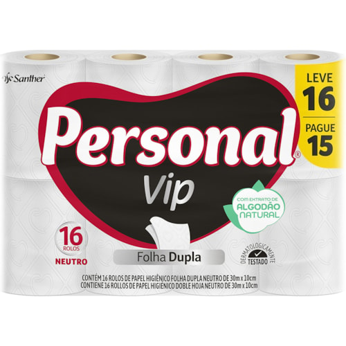 Papel Higiênico Personal Vip Folha Dupla Neutro 30m Leve 16 Pague 15