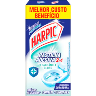 Pastilha Adesiva Harpic Fragrância Duradoura 2 em 1 3Un