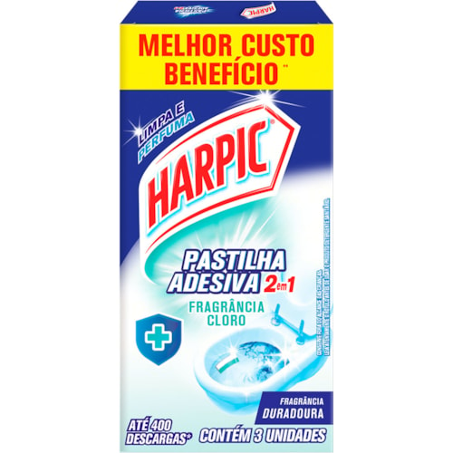 Pastilha Adesiva Harpic Fragrância Duradoura 2 em 1 3Un