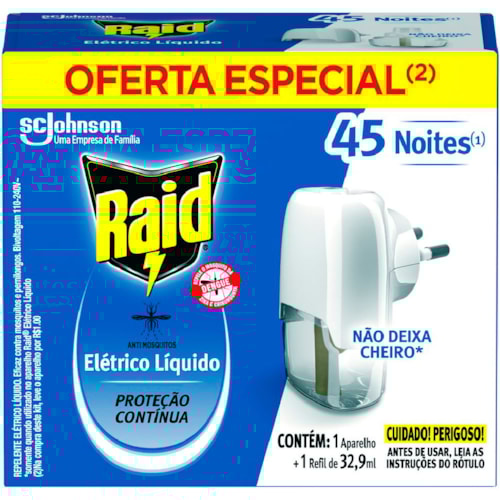 Repelente Elétrico Líquido Raid 45 Noites Aparelho e Refil de 32,9ml