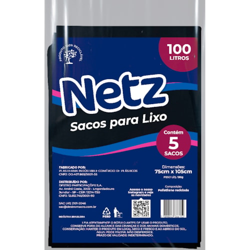 Saco de Lixo Netz Preto Almofada 100L 5 Unidades