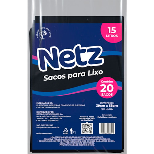 Saco de Lixo Netz Preto Almofada 15L 20Un