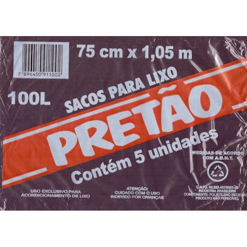 Saco de Lixo Pretão 100L 5 Unidades